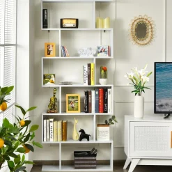 Tangkula 6-Tier Wooden Bookcase, S Shaped Bookshelf, 31.5''L x 9''W x 75''H, Display Shelf w/Anti-Tipping Device