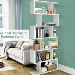 Tangkula 6-Tier Wooden Bookcase, S Shaped Bookshelf, 31.5''L x 9''W x 75''H, Display Shelf w/Anti-Tipping Device