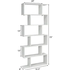 Tangkula 6-Tier Wooden Bookcase, S Shaped Bookshelf, 31.5''L x 9''W x 75''H, Display Shelf w/Anti-Tipping Device