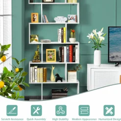 Tangkula 6-Tier Wooden Bookcase, S Shaped Bookshelf, 31.5''L x 9''W x 75''H, Display Shelf w/Anti-Tipping Device