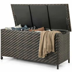 Tangkula Tightly-Woven Rattan Deck Box, Patiojoy Storage Cabinet Container with Polyester Liner, 85 Gallon Indoor Outdoor Storage Bo