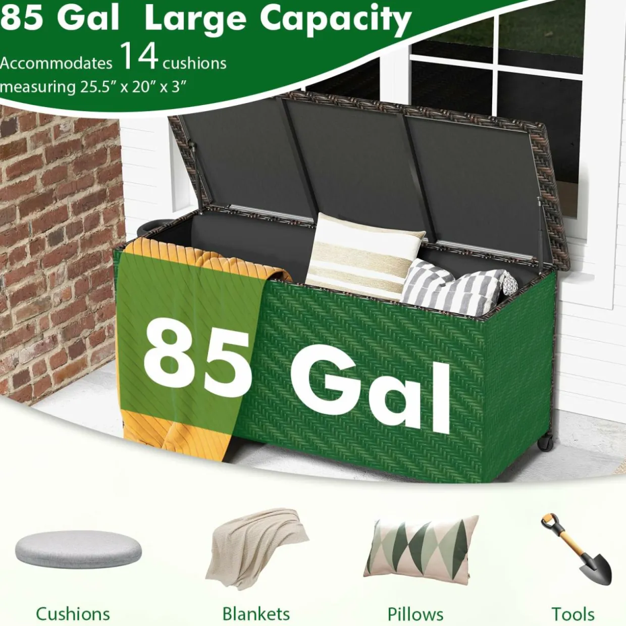 Tangkula Tightly-Woven Rattan Deck Box, Patiojoy Storage Cabinet Container with Polyester Liner, 85 Gallon Indoor Outdoor Storage Bo