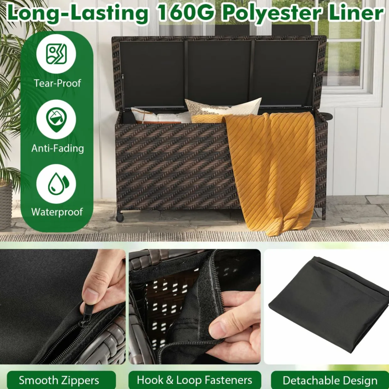 Tangkula Tightly-Woven Rattan Deck Box, Patiojoy Storage Cabinet Container with Polyester Liner, 85 Gallon Indoor Outdoor Storage Bo
