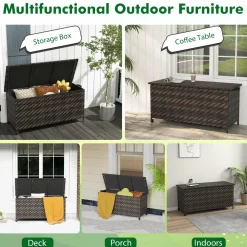 Tangkula Tightly-Woven Rattan Deck Box, Patiojoy Storage Cabinet Container with Polyester Liner, 85 Gallon Indoor Outdoor Storage Bo