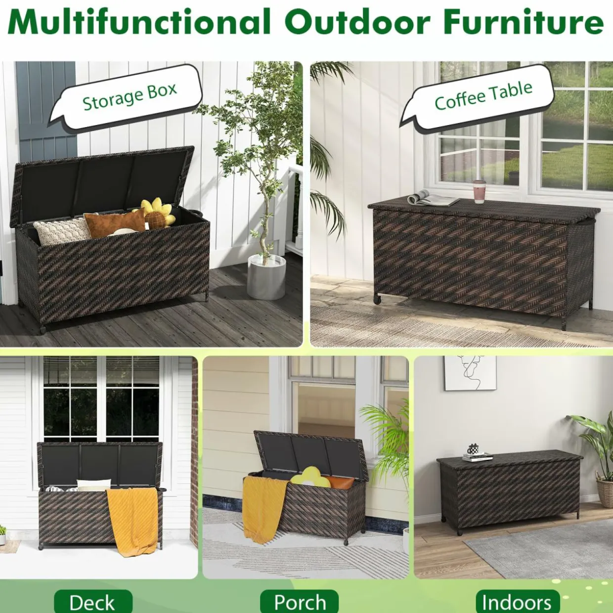 Tangkula Tightly-Woven Rattan Deck Box, Patiojoy Storage Cabinet Container with Polyester Liner, 85 Gallon Indoor Outdoor Storage Bo