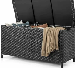 Tangkula Tightly-Woven Rattan Deck Box, Patiojoy Storage Cabinet Container with Polyester Liner, 85 Gallon Indoor Outdoor Storage Bo