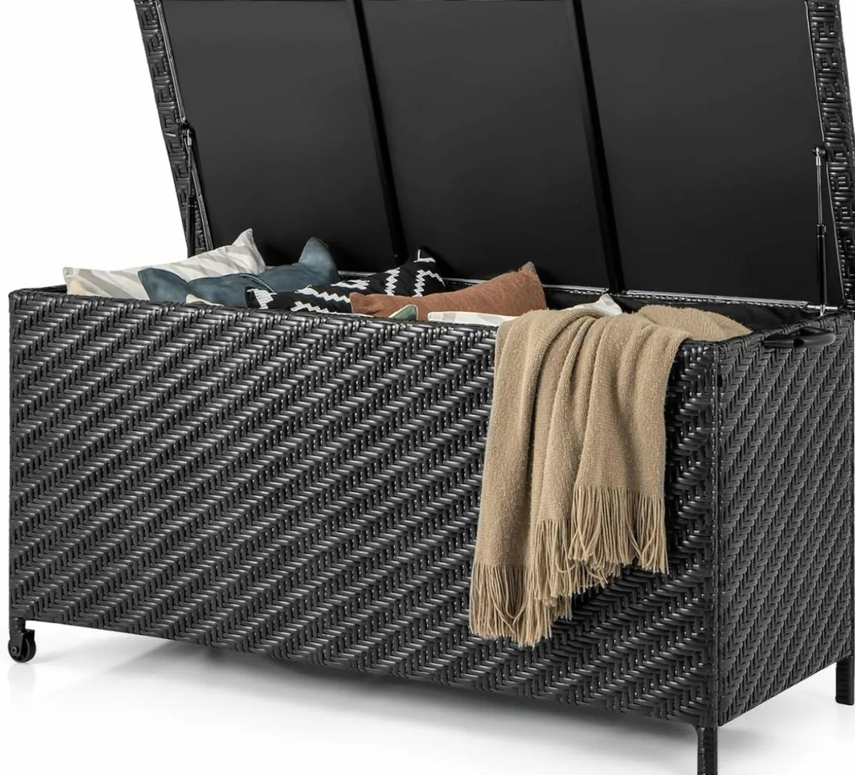 Tangkula Tightly-Woven Rattan Deck Box, Patiojoy Storage Cabinet Container with Polyester Liner, 85 Gallon Indoor Outdoor Storage Bo