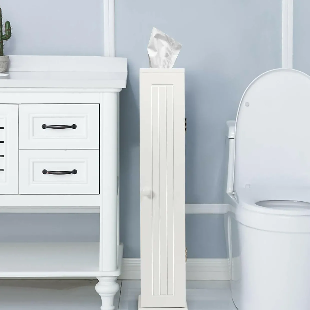 Tangkula Toilet Tissue Storage Tower, Free Standing Toilet Paper Holder with 4 Shelves, Bathroom Paper Storage Organizer with Door & Top Slot