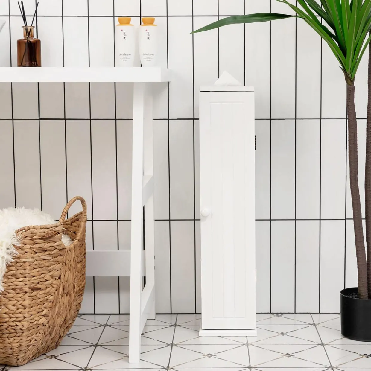 Tangkula Toilet Tissue Storage Tower, Free Standing Toilet Paper Holder with 4 Shelves, Bathroom Paper Storage Organizer with Door & Top Slot