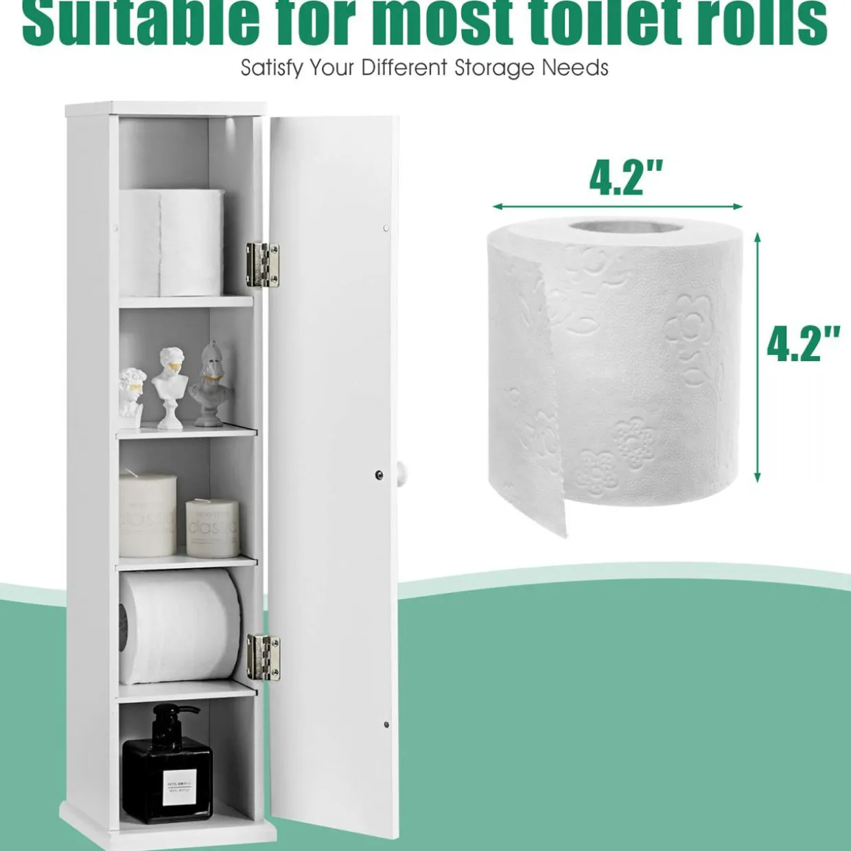 Tangkula Toilet Tissue Storage Tower, Free Standing Toilet Paper Holder with 4 Shelves, Bathroom Paper Storage Organizer with Door & Top Slot