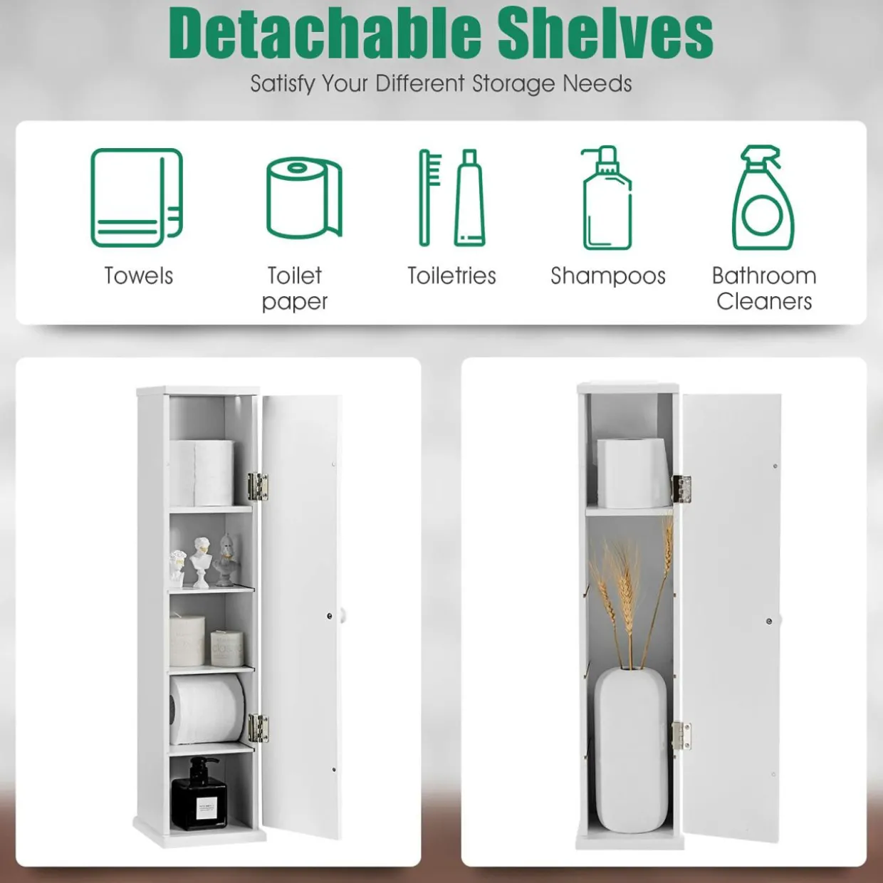 Tangkula Toilet Tissue Storage Tower, Free Standing Toilet Paper Holder with 4 Shelves, Bathroom Paper Storage Organizer with Door & Top Slot