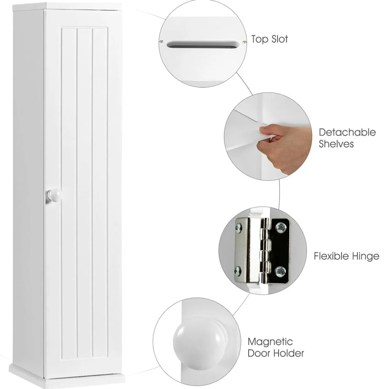 Tangkula Toilet Tissue Storage Tower, Free Standing Toilet Paper Holder with 4 Shelves, Bathroom Paper Storage Organizer with Door & Top Slot