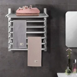 Tangkula Towel Warmer with Top Shelf, 10 Bars Wall Mounted Electric Heated Towel Rail for Bathroom