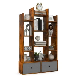 Tangkula Tree Shaped Bookcase with 2 Drawers, Free Standing Bookshelf with 12 Open Storage Shelves