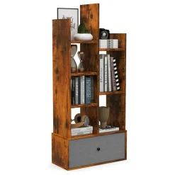 Tangkula Tree Shaped Bookcase with Drawer, Free Standing Bookshelf with 7 Open Storage Shelves