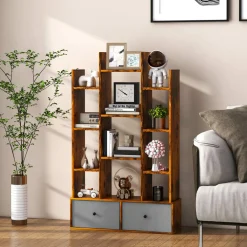 Tangkula Tree Shaped Bookcase with 2 Drawers, Free Standing Bookshelf with 12 Open Storage Shelves