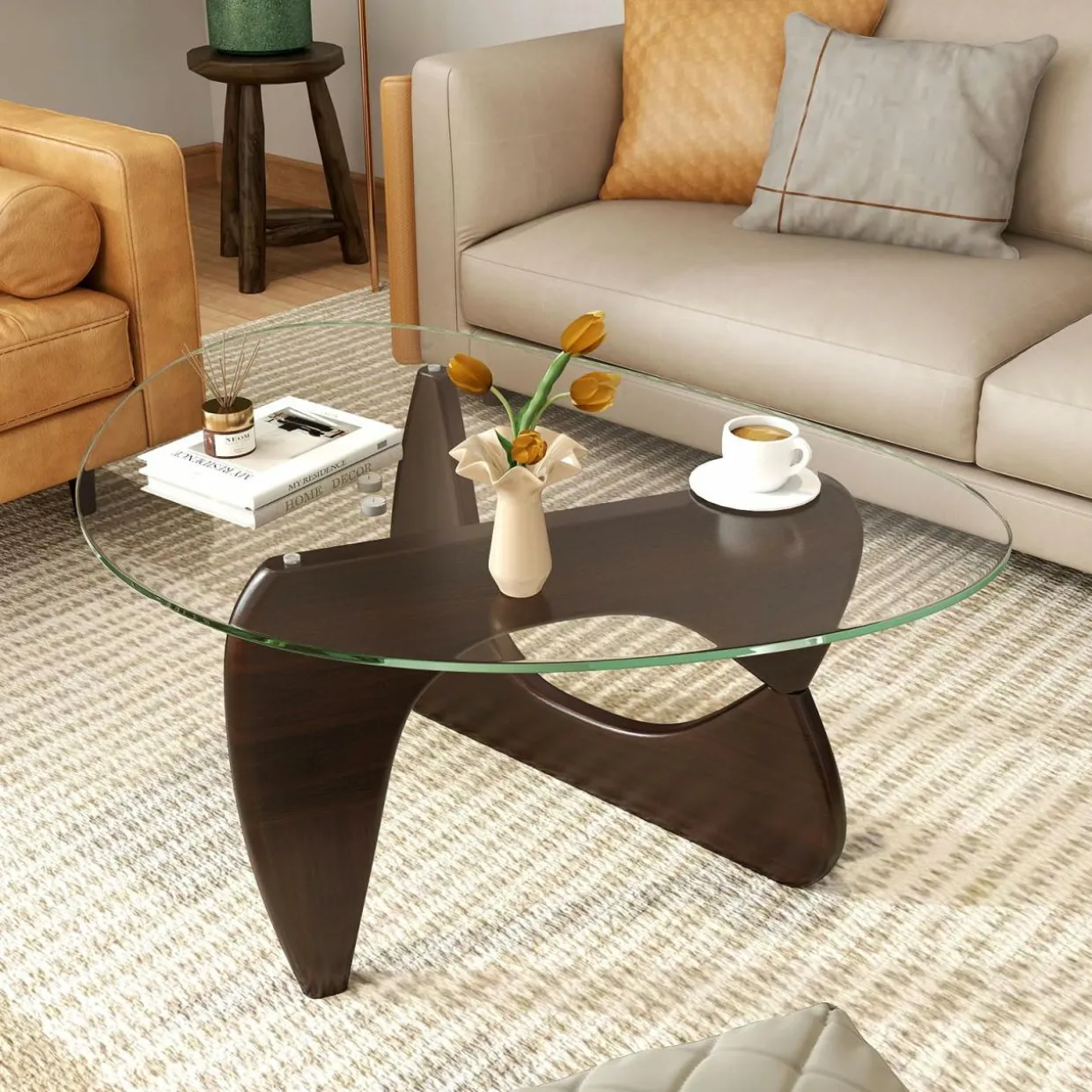 Tangkula Triangle Glass Coffee Table, Mid-Century Modern Center Table with Tempered Glass Top