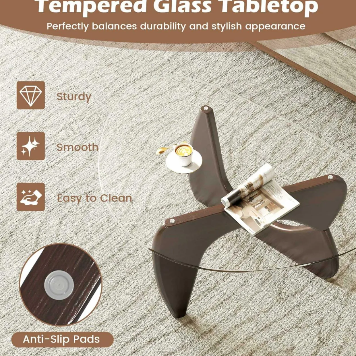 Tangkula Triangle Glass Coffee Table, Mid-Century Modern Center Table with Tempered Glass Top