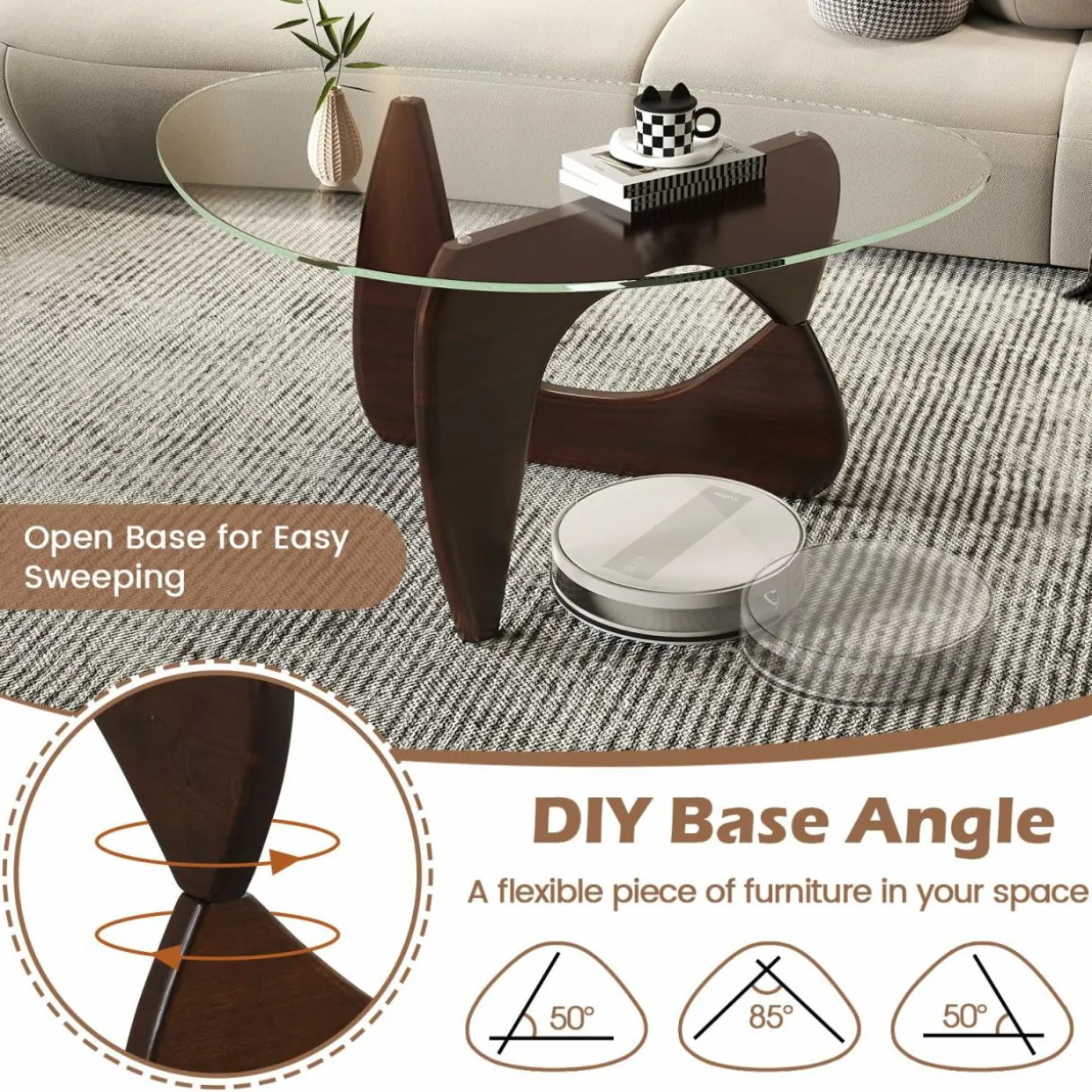 Tangkula Triangle Glass Coffee Table, Mid-Century Modern Center Table with Tempered Glass Top