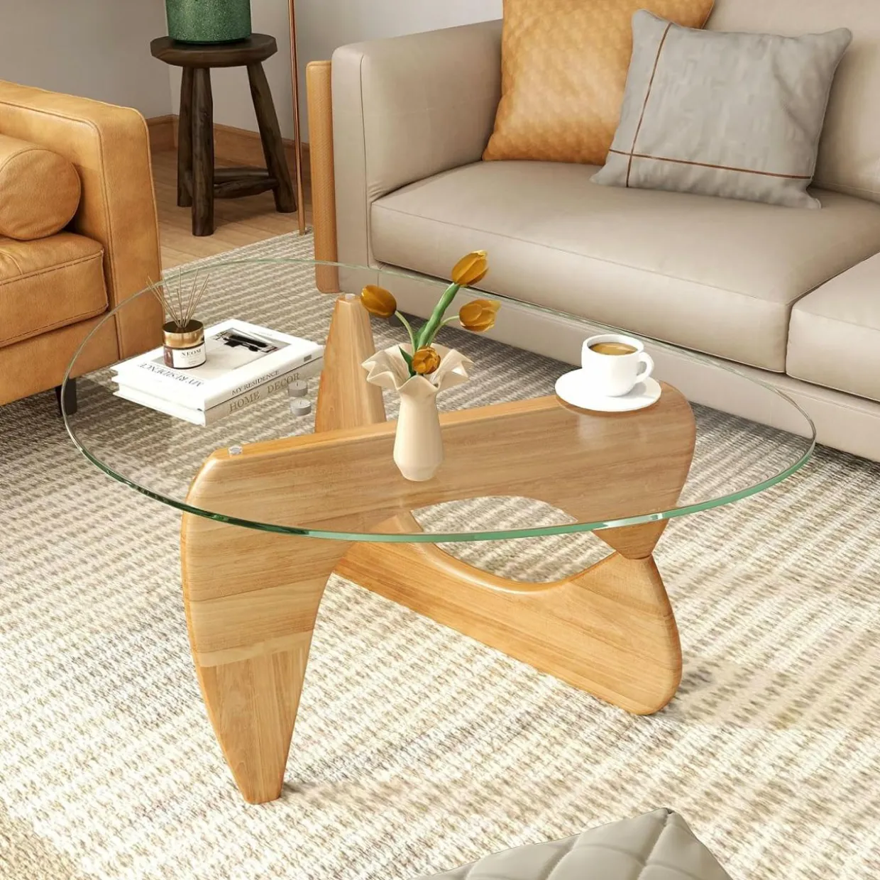 Tangkula Triangle Glass Coffee Table, Mid-Century Modern Center Table with Tempered Glass Top