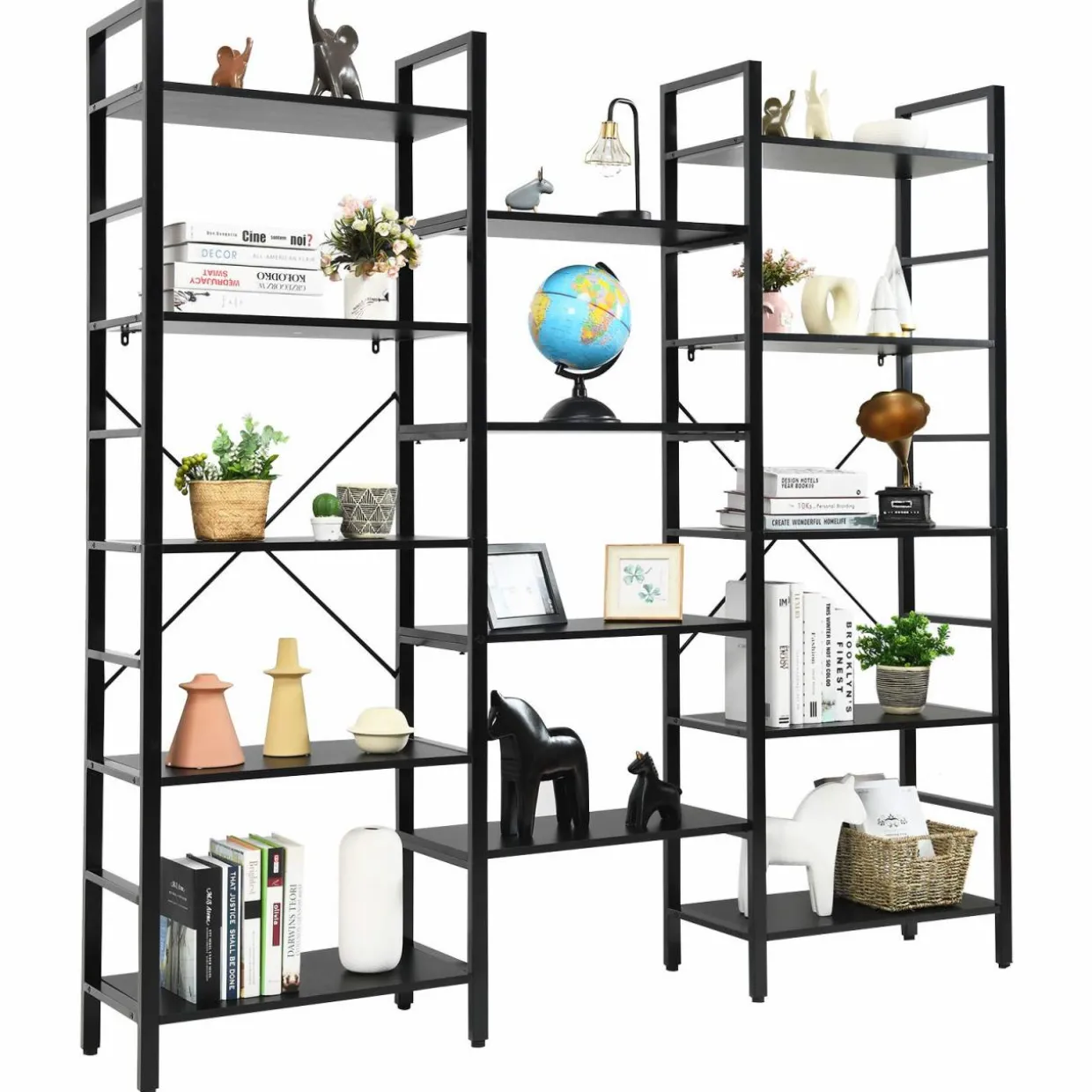 Tangkula Triple Wide 5-Tier Bookcase, Large Open Bookshelf, Display & Storage Shelf