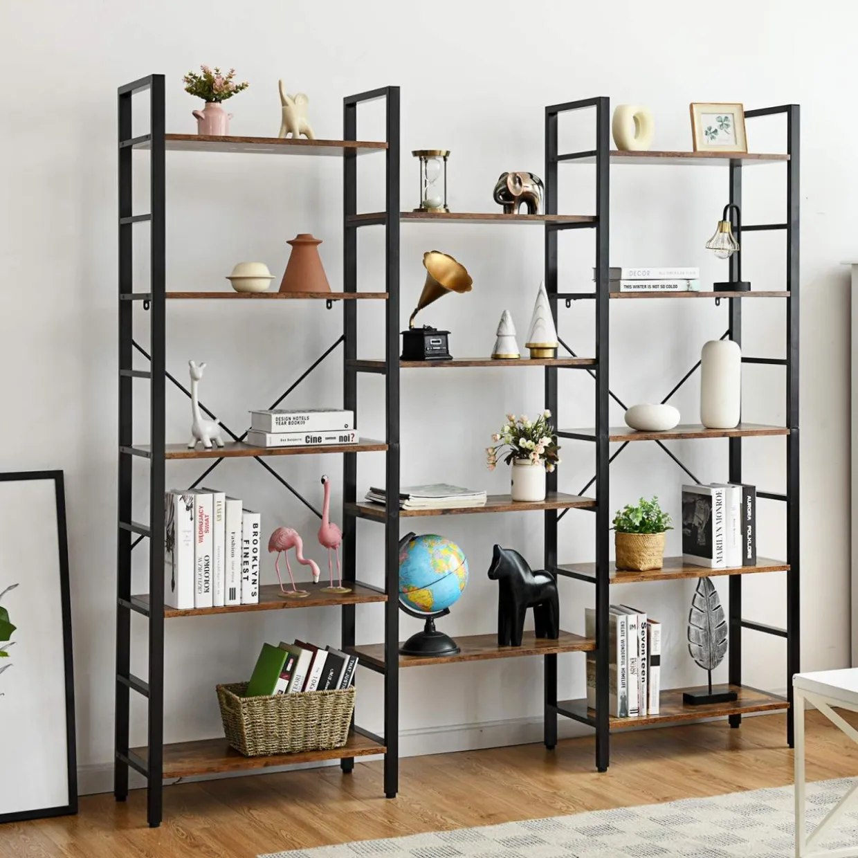 Tangkula Triple Wide 5-Tier Bookcase, Large Open Bookshelf, Display & Storage Shelf