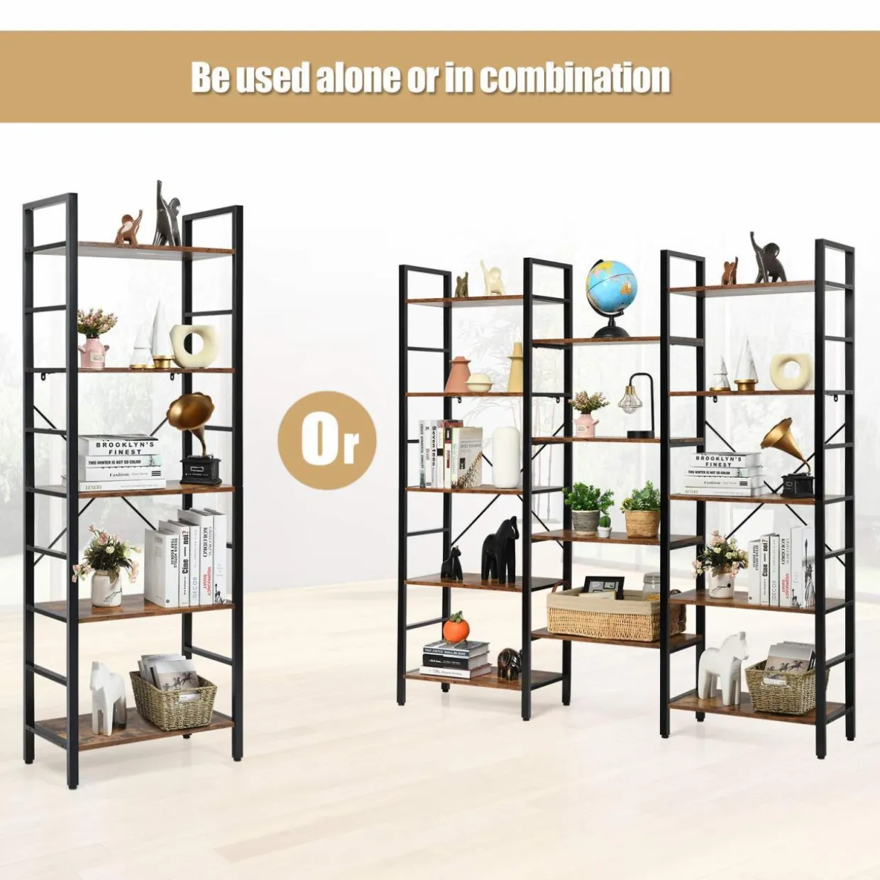 Tangkula Triple Wide 5-Tier Bookcase, Large Open Bookshelf, Display & Storage Shelf