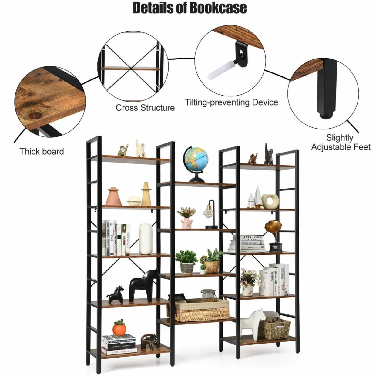 Tangkula Triple Wide 5-Tier Bookcase, Large Open Bookshelf, Display & Storage Shelf