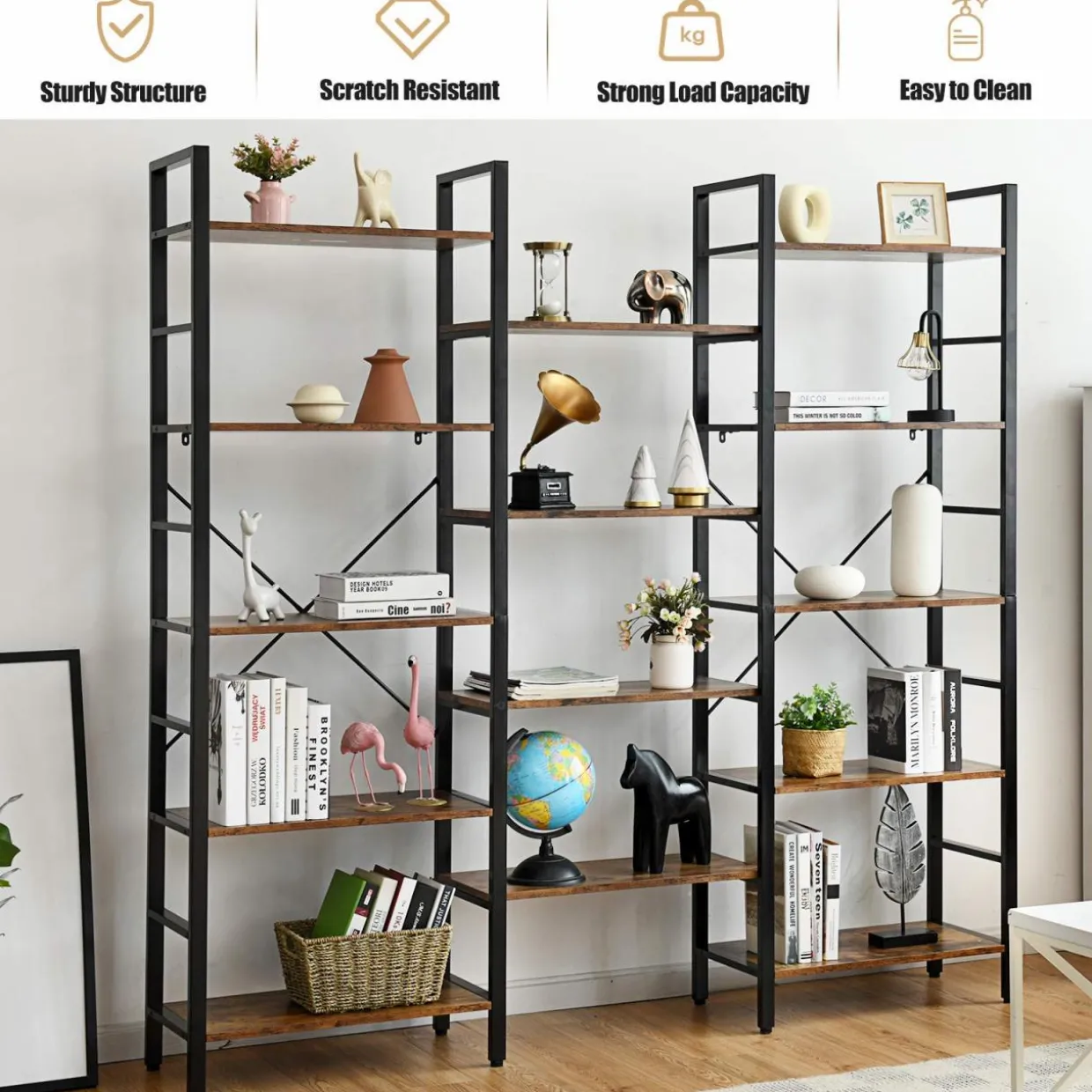 Tangkula Triple Wide 5-Tier Bookcase, Large Open Bookshelf, Display & Storage Shelf