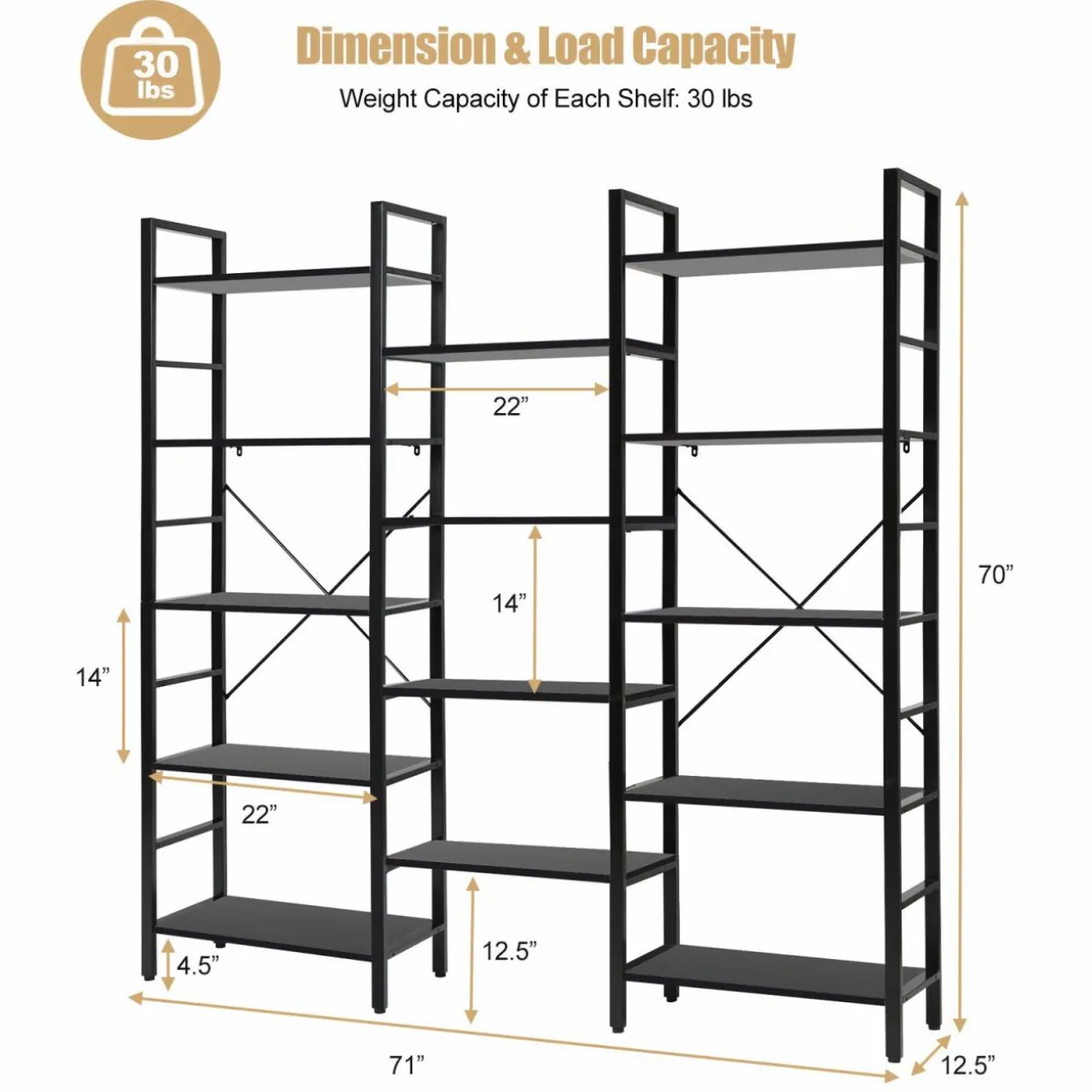 Tangkula Triple Wide 5-Tier Bookcase, Large Open Bookshelf, Display & Storage Shelf
