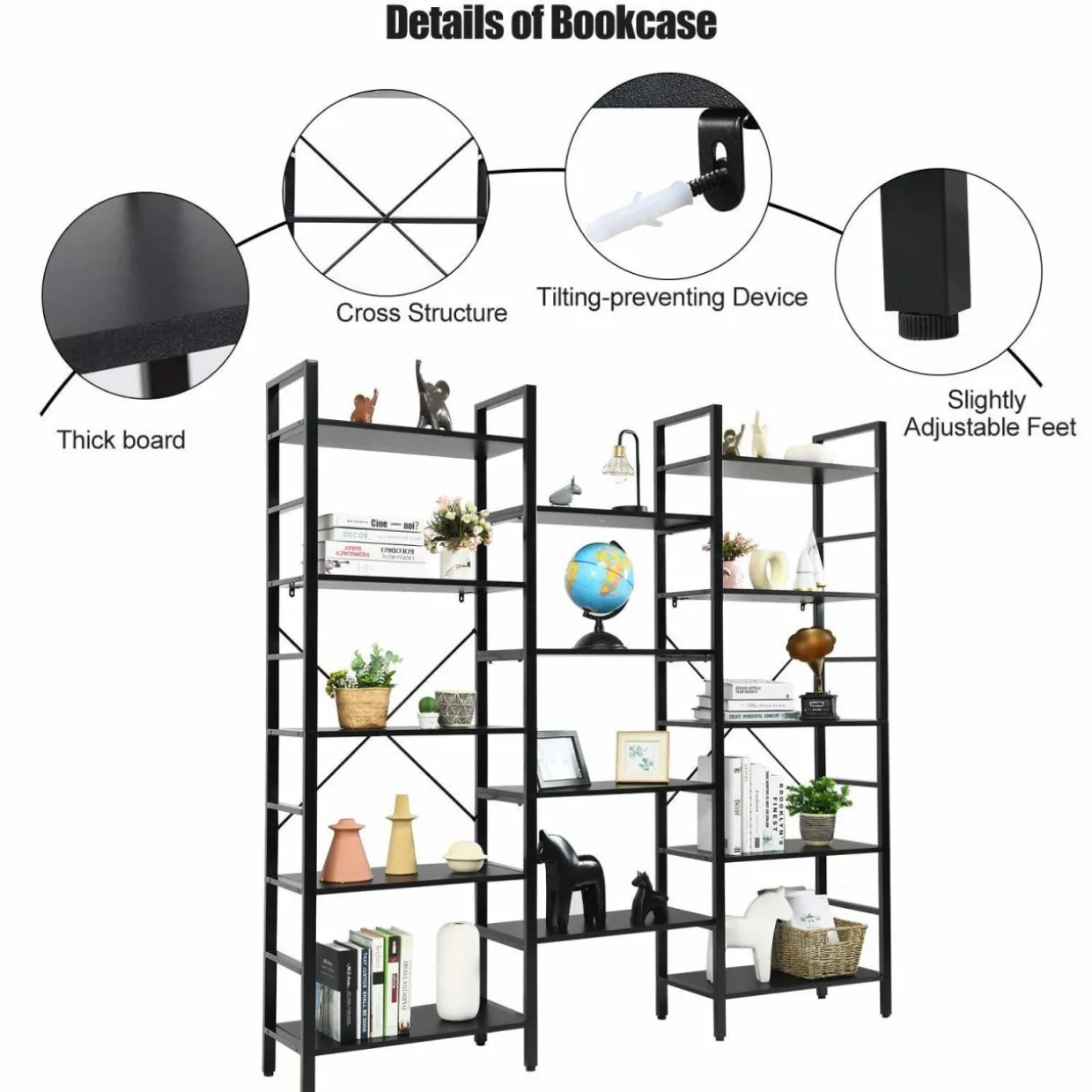 Tangkula Triple Wide 5-Tier Bookcase, Large Open Bookshelf, Display & Storage Shelf