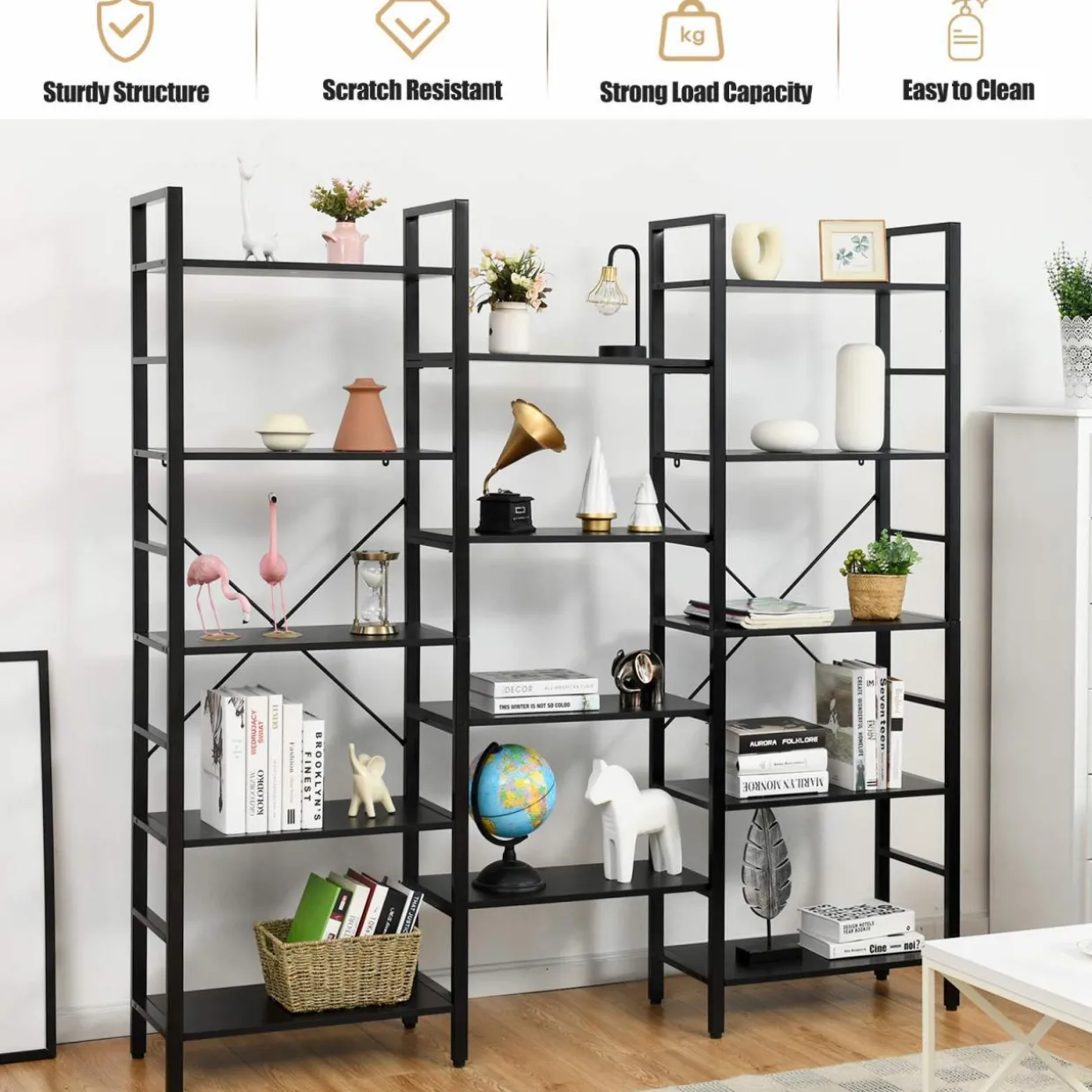Tangkula Triple Wide 5-Tier Bookcase, Large Open Bookshelf, Display & Storage Shelf