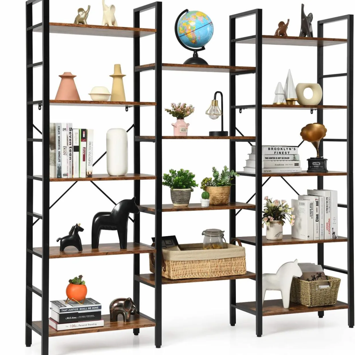 Tangkula Triple Wide 5-Tier Bookcase, Large Open Bookshelf, Display & Storage Shelf