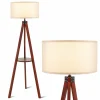Tangkula Tripod Floor Lamp, Mid Century Wood Standing Lamp with Storage Shelves