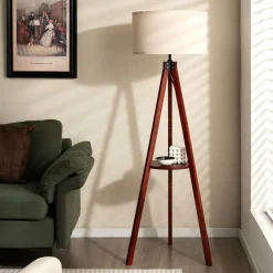 Tangkula Tripod Floor Lamp, Mid Century Wood Standing Lamp with Storage Shelves