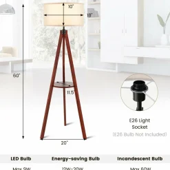 Tangkula Tripod Floor Lamp, Mid Century Wood Standing Lamp with Storage Shelves