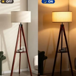 Tangkula Tripod Floor Lamp, Mid Century Wood Standing Lamp with Storage Shelves