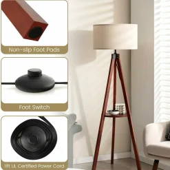Tangkula Tripod Floor Lamp, Mid Century Wood Standing Lamp with Storage Shelves