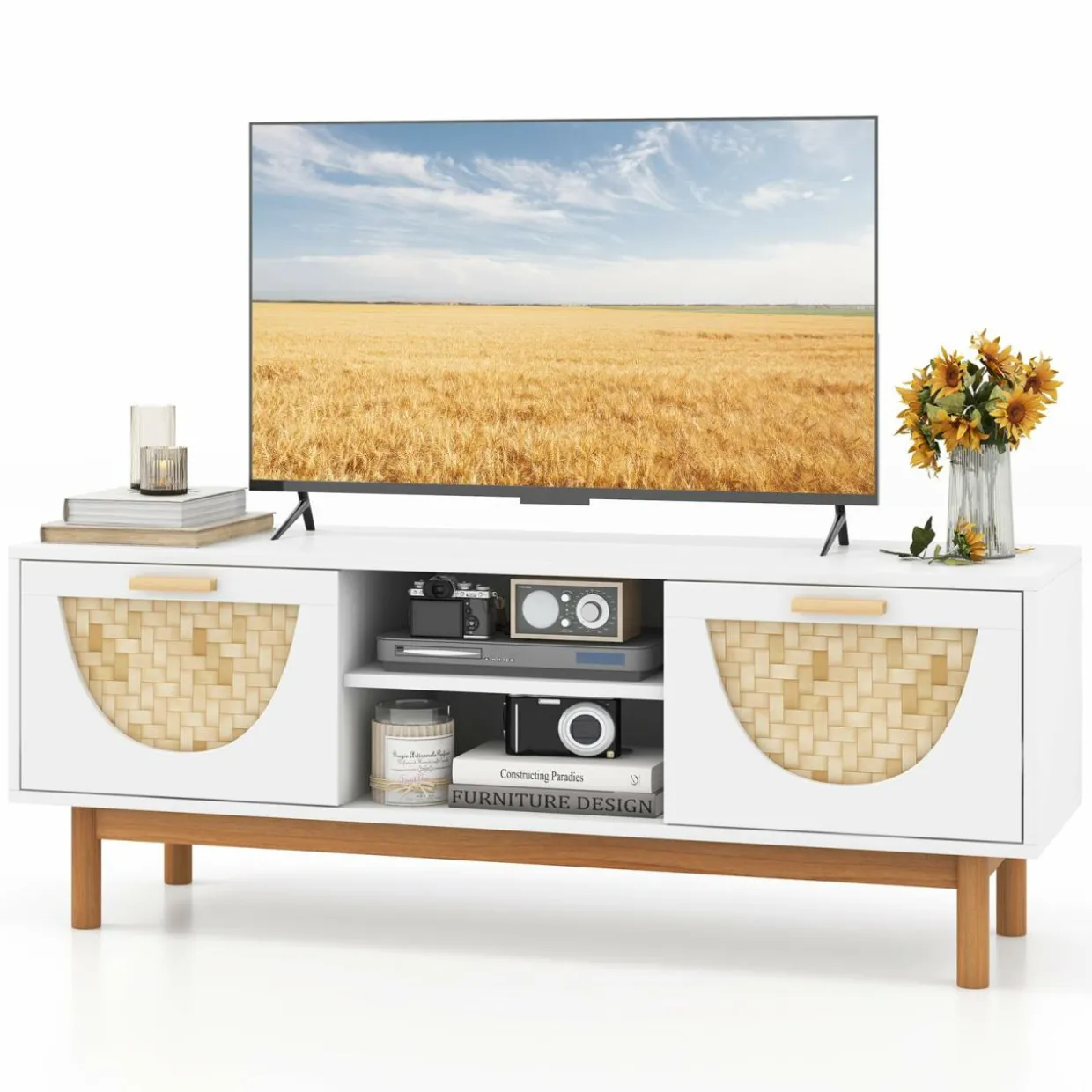 Tangkula TV Stand for 55 Inch TVs, Mid Century Modern Entertainment Center with 2 Drawers & Bamboo Woven Fronts