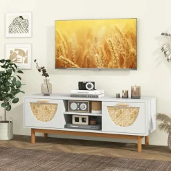 Tangkula TV Stand for 55 Inch TVs, Mid Century Modern Entertainment Center with 2 Drawers & Bamboo Woven Fronts