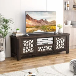 Tangkula TV Stand for 60 Inch TVs, Retro Entertainment Center, TV Console Cabinet w/Open Shelf & Drawer & Cable Hole