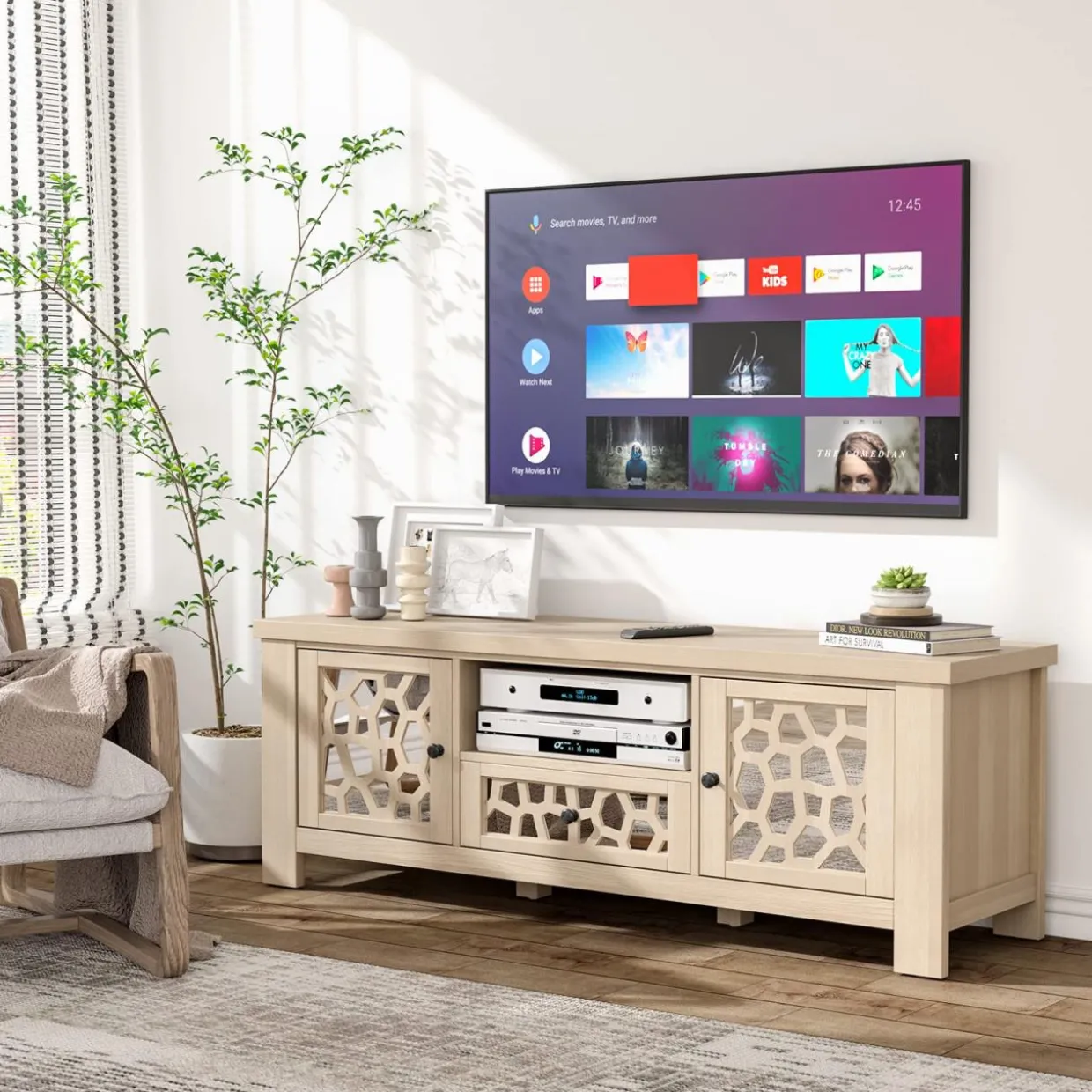 Tangkula TV Stand for 60 Inch TVs, Retro Entertainment Center, TV Console Cabinet w/Open Shelf & Drawer & Cable Hole