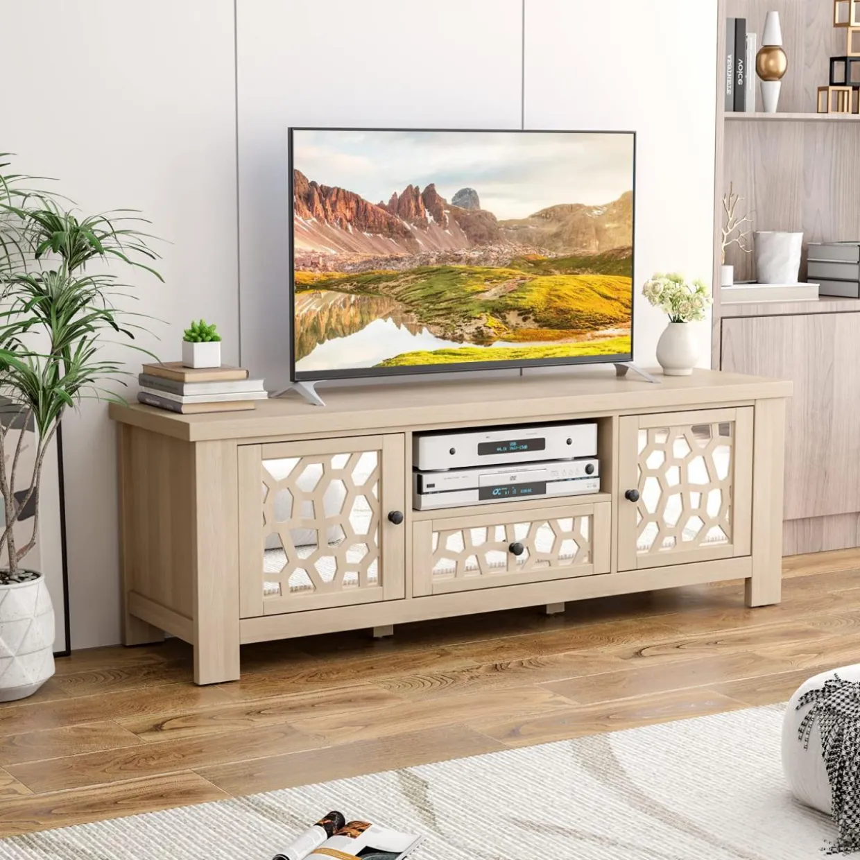 Tangkula TV Stand for 60 Inch TVs, Retro Entertainment Center, TV Console Cabinet w/Open Shelf & Drawer & Cable Hole