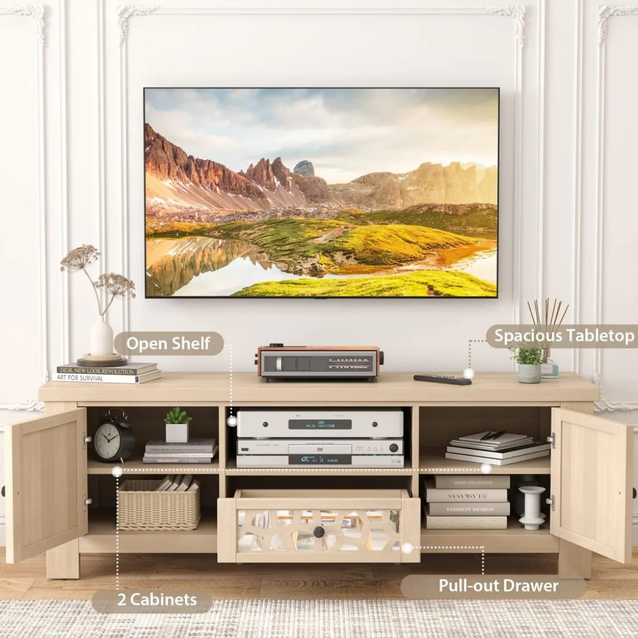 Tangkula TV Stand for 60 Inch TVs, Retro Entertainment Center, TV Console Cabinet w/Open Shelf & Drawer & Cable Hole