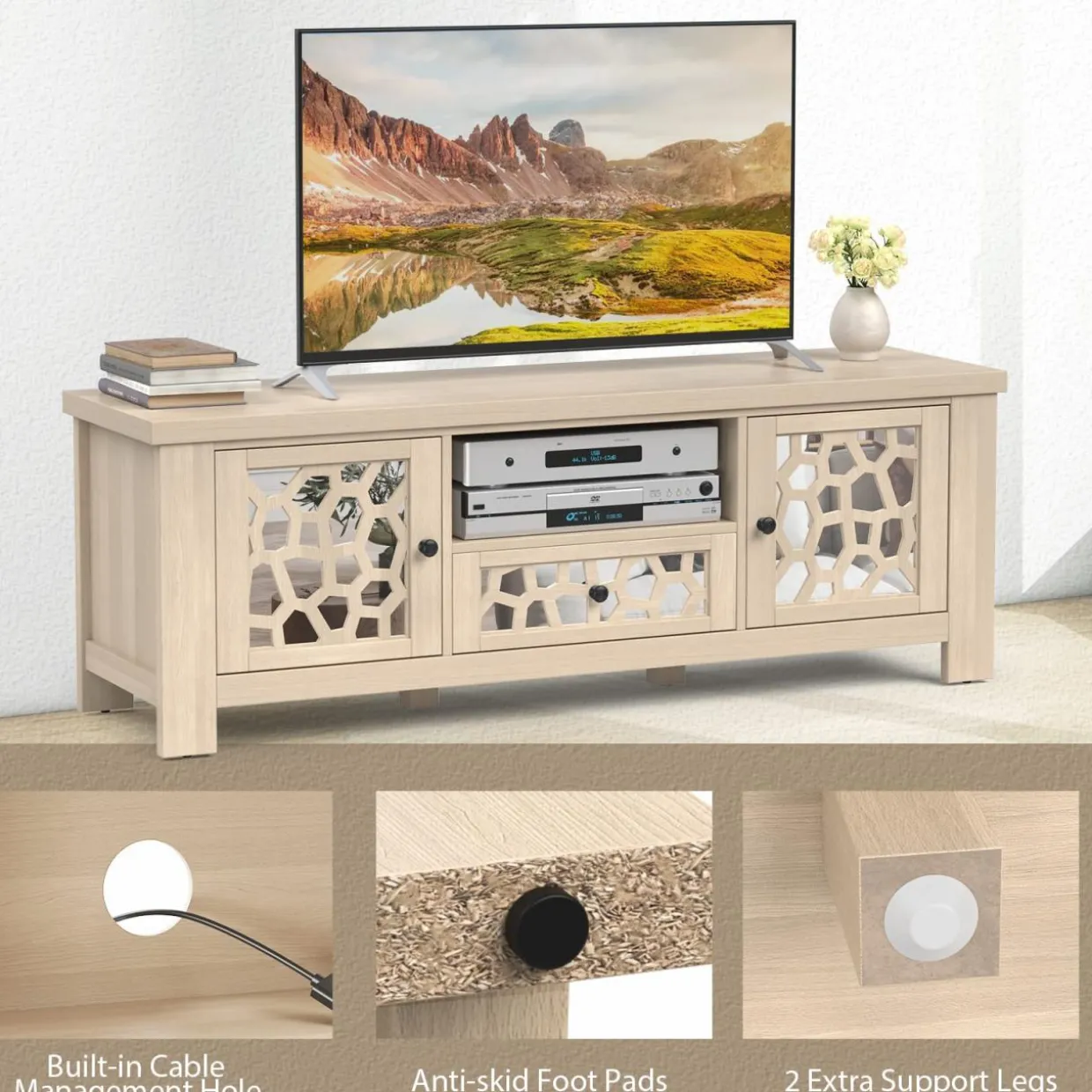 Tangkula TV Stand for 60 Inch TVs, Retro Entertainment Center, TV Console Cabinet w/Open Shelf & Drawer & Cable Hole