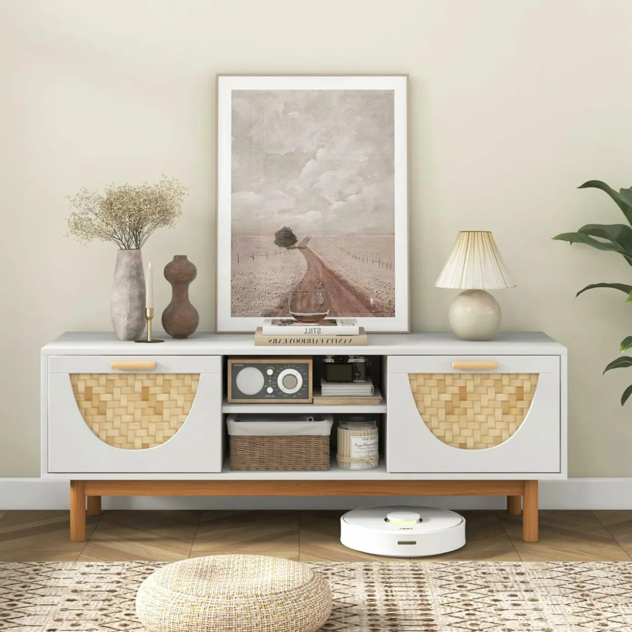 Tangkula TV Stand for 55 Inch TVs, Mid Century Modern Entertainment Center with 2 Drawers & Bamboo Woven Fronts