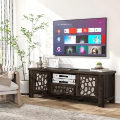 Tangkula TV Stand for 60 Inch TVs, Retro Entertainment Center, TV Console Cabinet w/Open Shelf & Drawer & Cable Hole