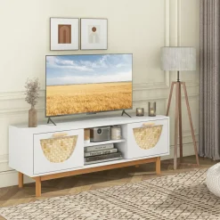 Tangkula TV Stand for 55 Inch TVs, Mid Century Modern Entertainment Center with 2 Drawers & Bamboo Woven Fronts