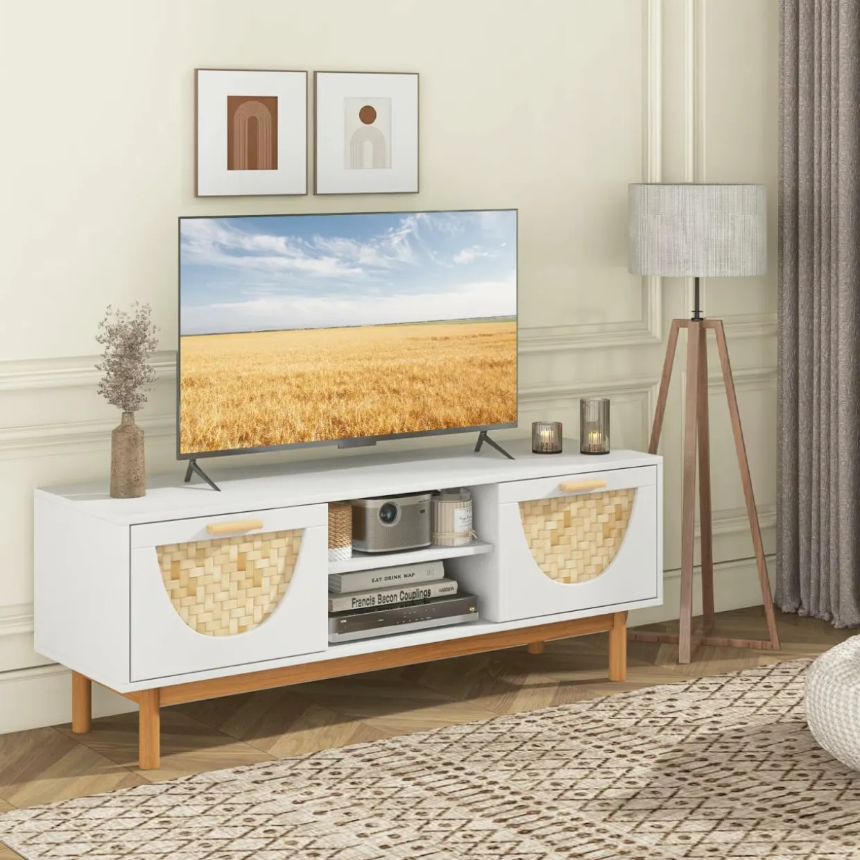Tangkula TV Stand for 55 Inch TVs, Mid Century Modern Entertainment Center with 2 Drawers & Bamboo Woven Fronts