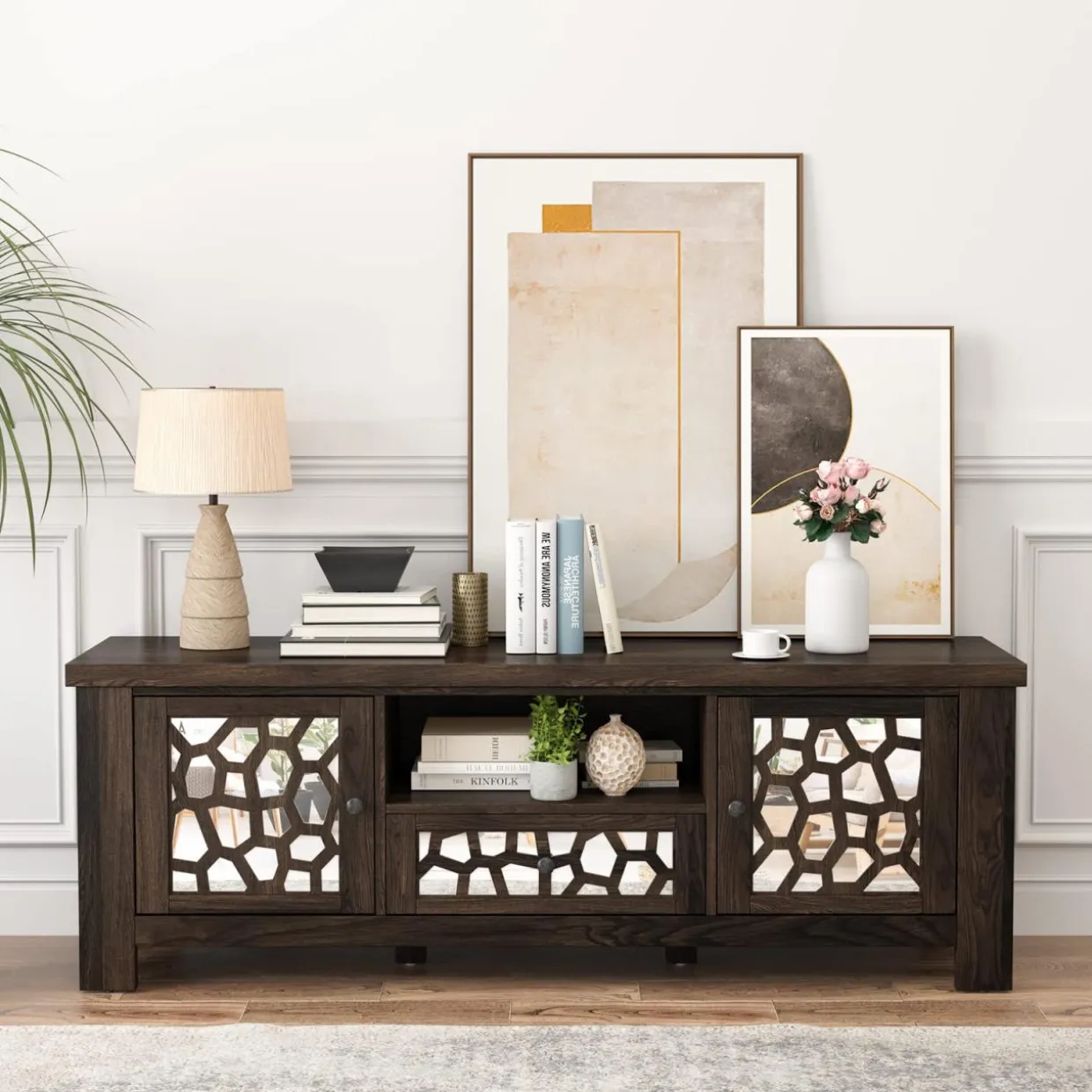 Tangkula TV Stand for 60 Inch TVs, Retro Entertainment Center, TV Console Cabinet w/Open Shelf & Drawer & Cable Hole